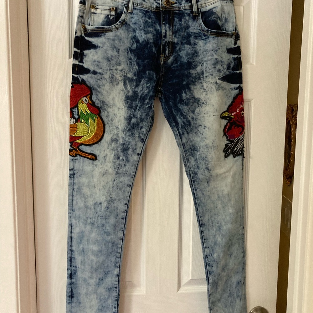Red and Blue Slim Fit Jeans with Distressed Look size 34